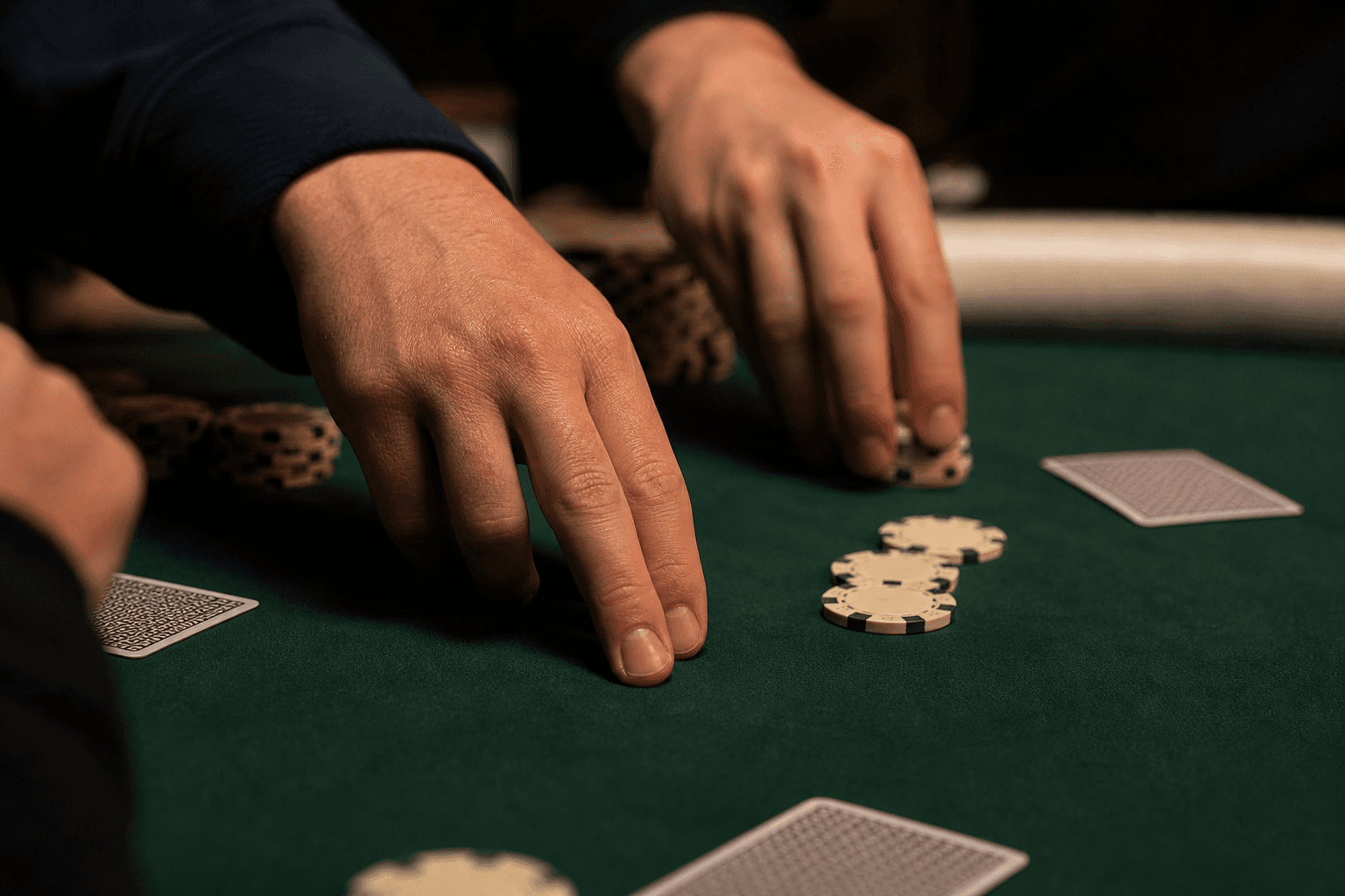 Una mano appoggia due dita sul panno verde di un tavolo da poker, mentre le fiches sono ferme al centro.