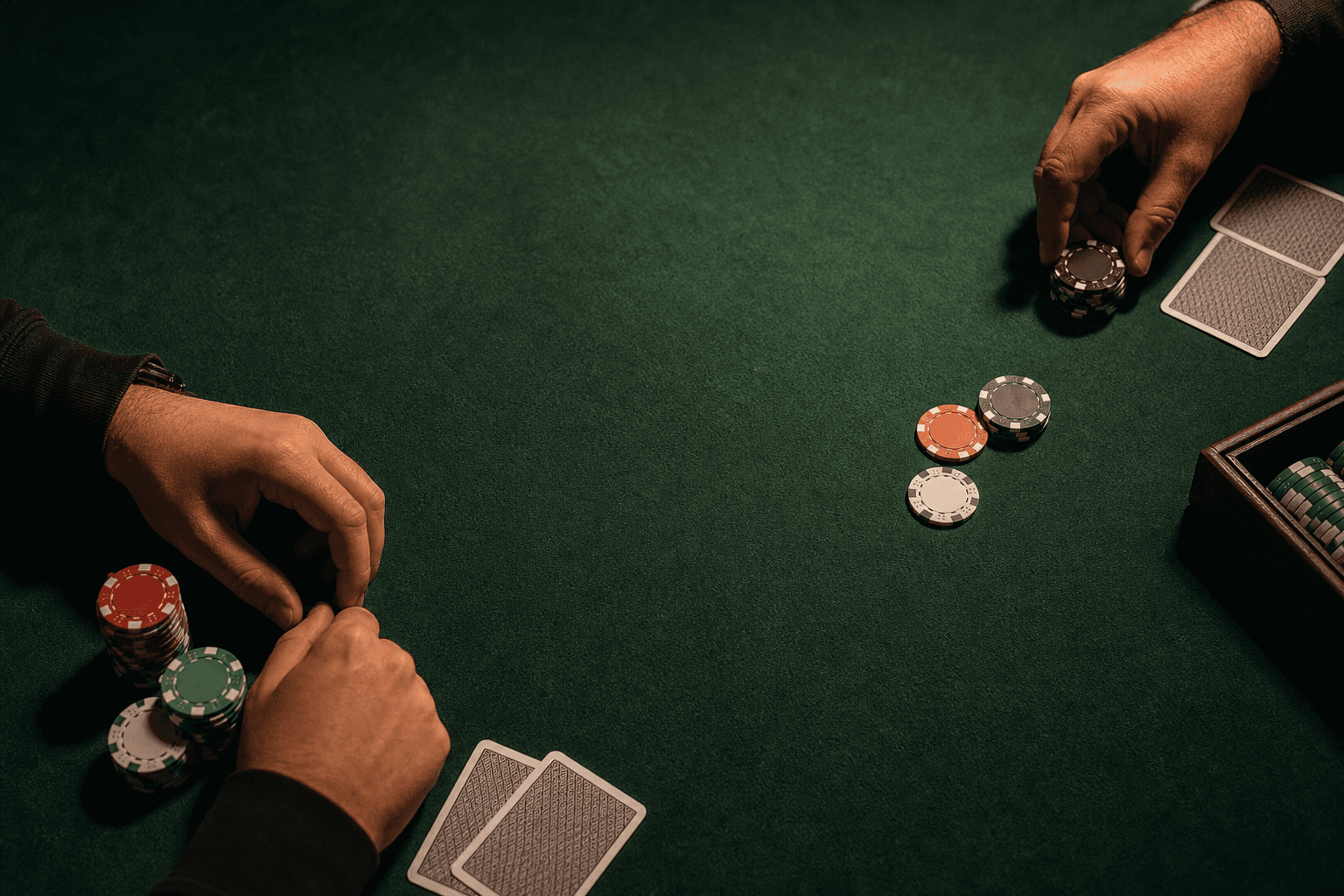 Due giocatori senza volto a un tavolo da poker verde, con fiches e carte coperte.